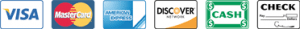 We Accept-Visa, MasterCard, American Express, Discover, Cash and Checks Accepted
